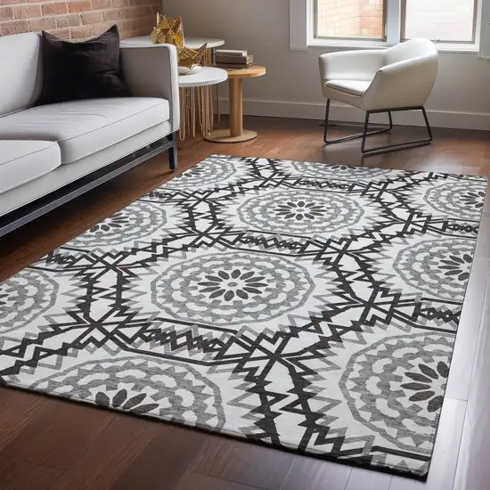 White And Black Geometric Washable Area Rug With UV Protection Photo 5