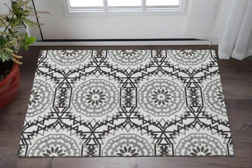 White And Black Geometric Washable Area Rug With UV Protection Photo 2