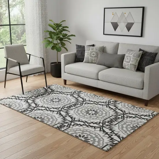White And Black Geometric Washable Area Rug With UV Protection Photo 1