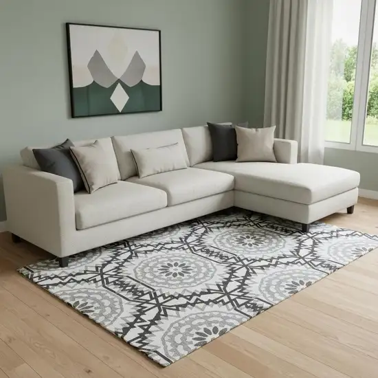 White And Black Geometric Washable Area Rug With UV Protection Photo 1