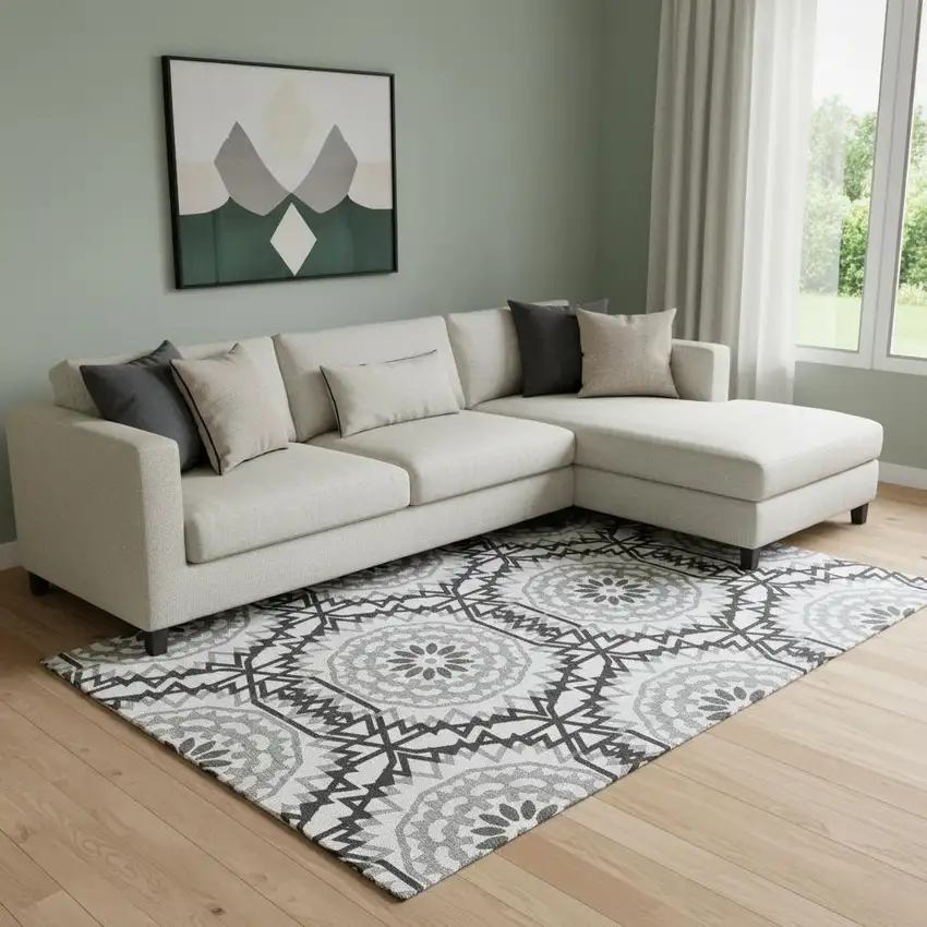 White And Black Geometric Washable Area Rug With UV Protection Photo 1