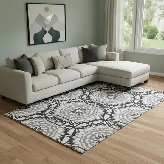 White And Black Geometric Washable Area Rug With UV Protection Photo 1