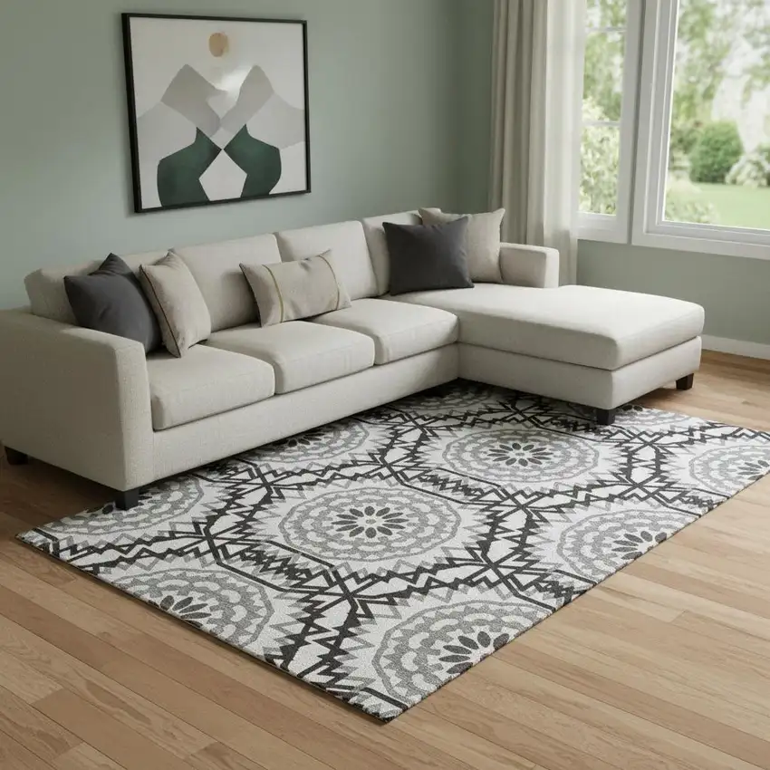 White And Black Geometric Washable Area Rug With UV Protection Photo 1