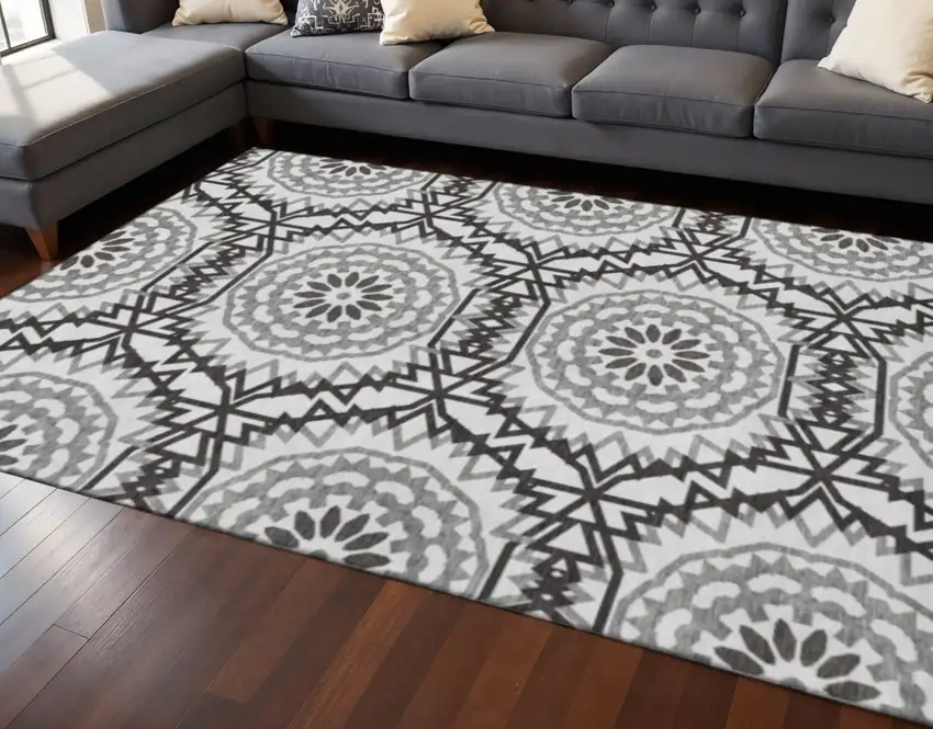 White And Black Geometric Washable Area Rug With UV Protection Photo 2