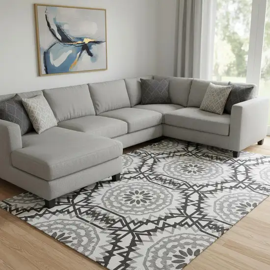 White And Black Geometric Washable Area Rug With UV Protection Photo 1