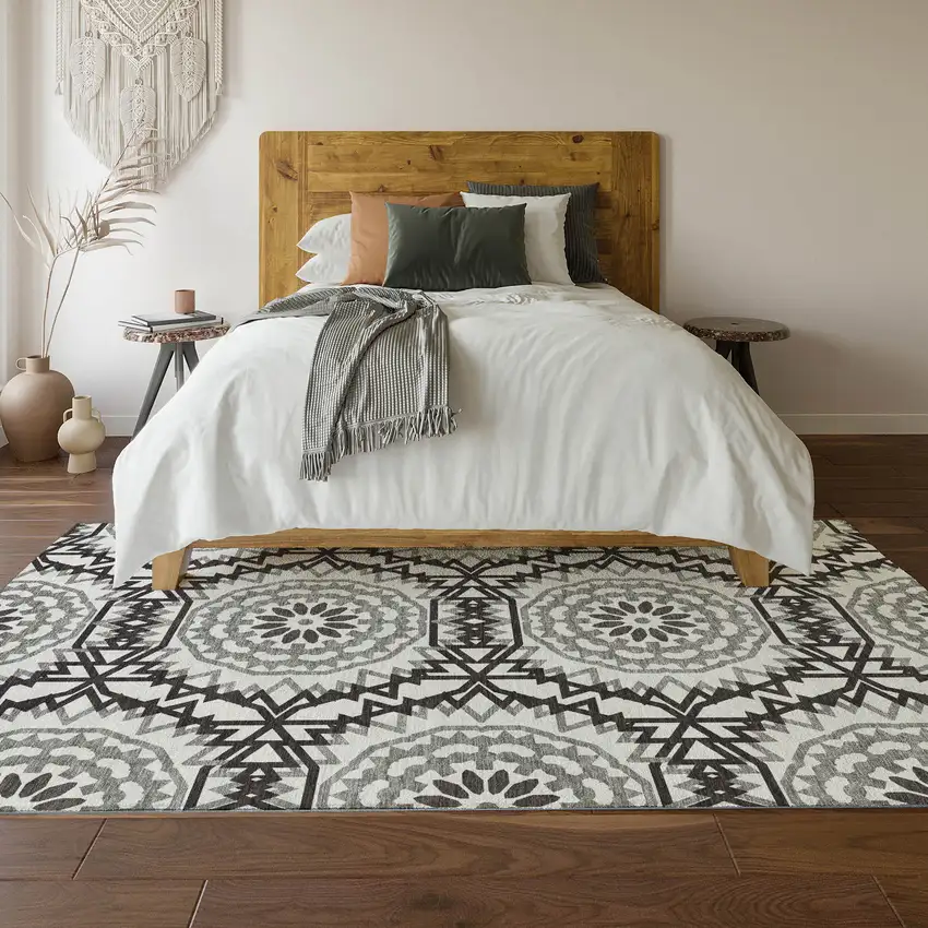 White And Black Geometric Washable Area Rug With UV Protection Photo 6