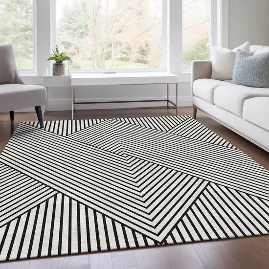 White And Black Geometric Washable Area Rug With UV Protection Photo 4