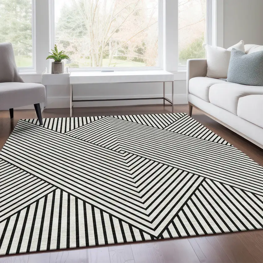 White And Black Geometric Washable Area Rug With UV Protection Photo 4