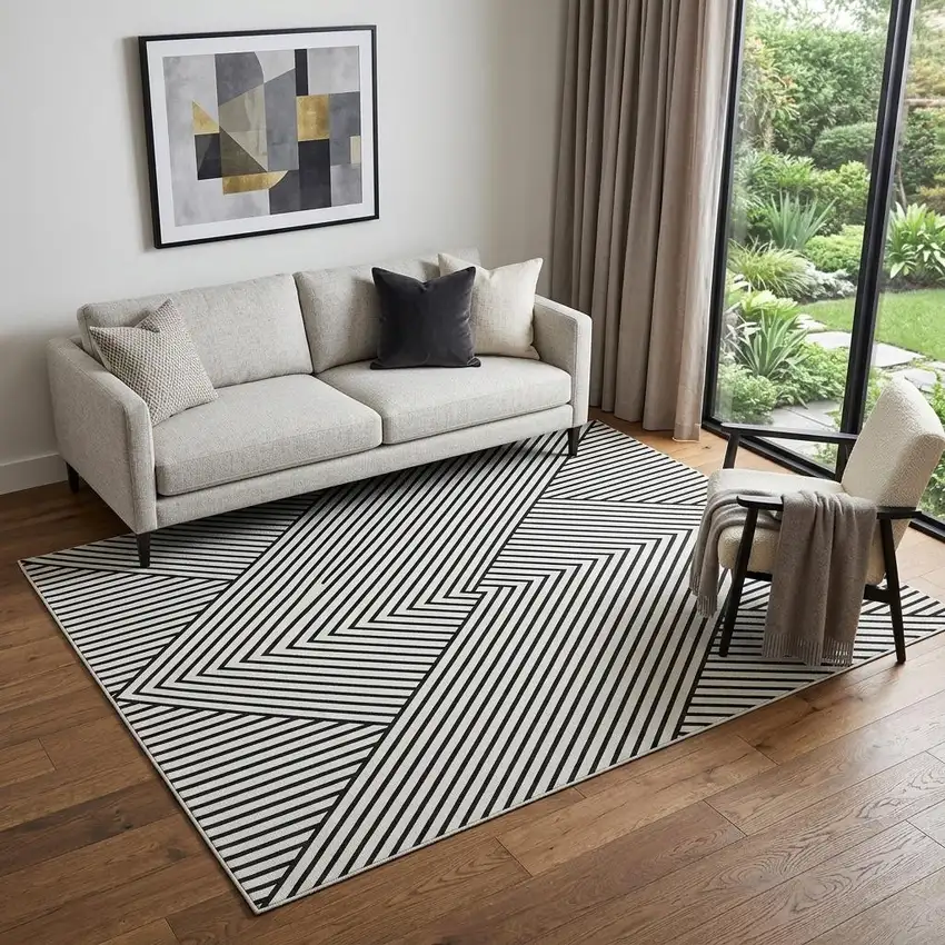 White And Black Geometric Washable Area Rug With UV Protection Photo 1