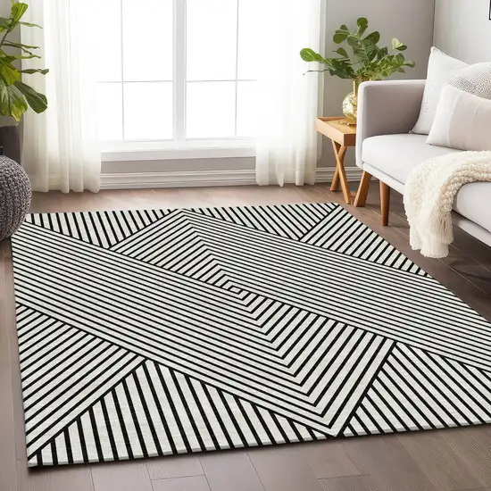 White And Black Geometric Washable Area Rug With UV Protection Photo 3