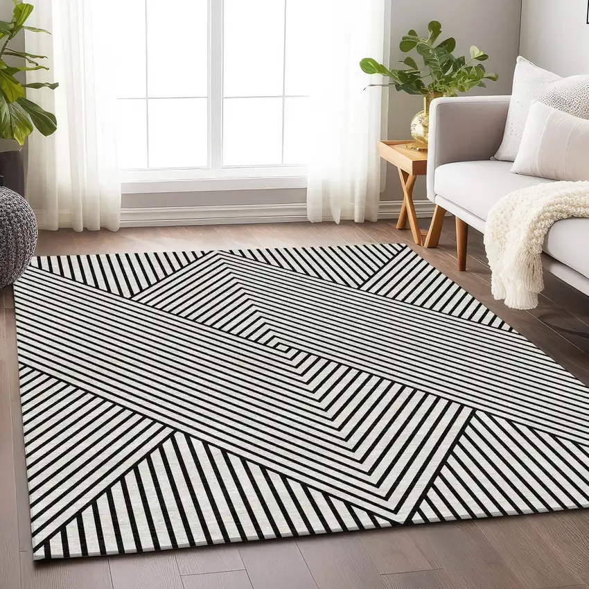 White And Black Geometric Washable Area Rug With UV Protection Photo 3