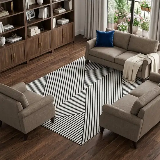 White And Black Geometric Washable Area Rug With UV Protection Photo 1