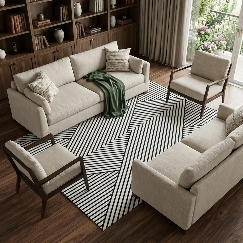 White And Black Geometric Washable Area Rug With UV Protection Photo 1