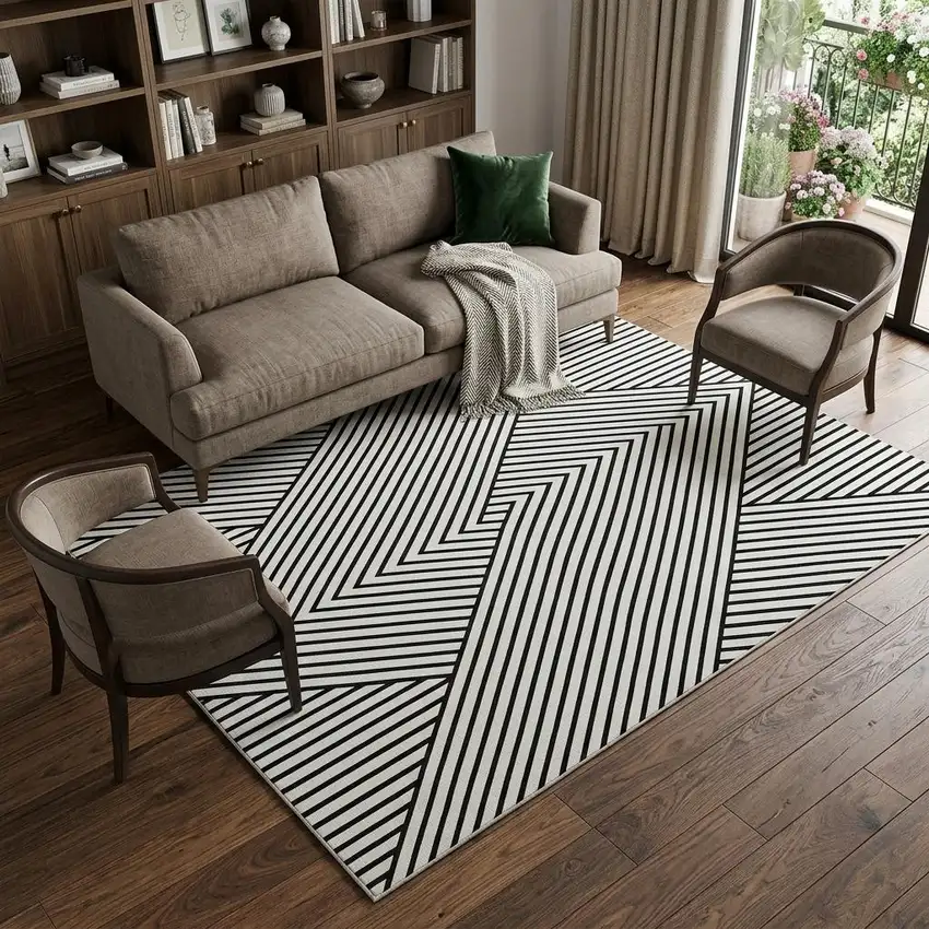 White And Black Geometric Washable Area Rug With UV Protection Photo 1