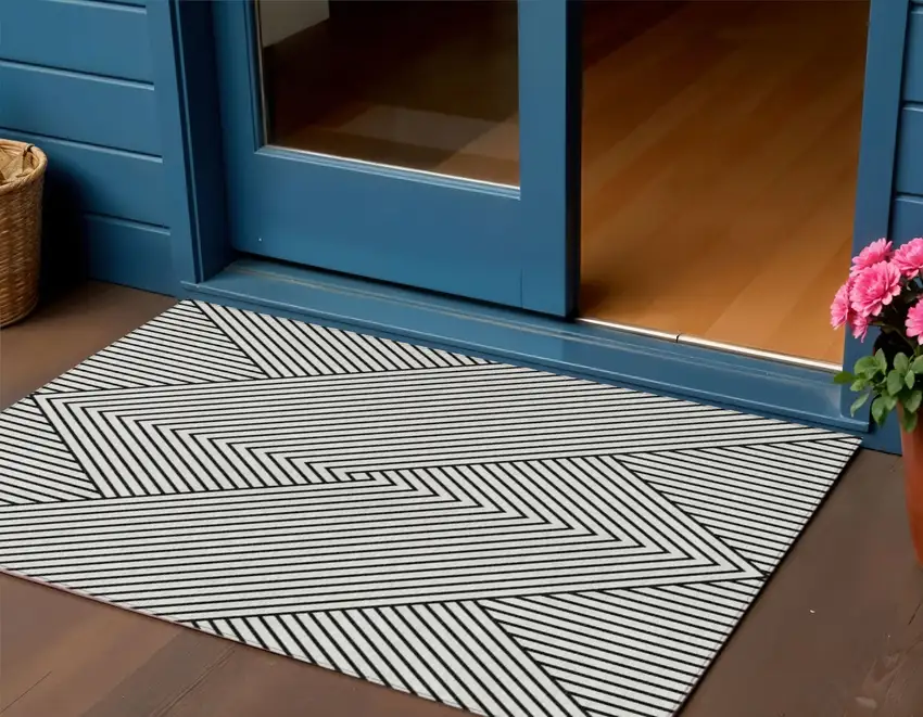 White And Black Geometric Washable Indoor Outdoor Area Rug Photo 1