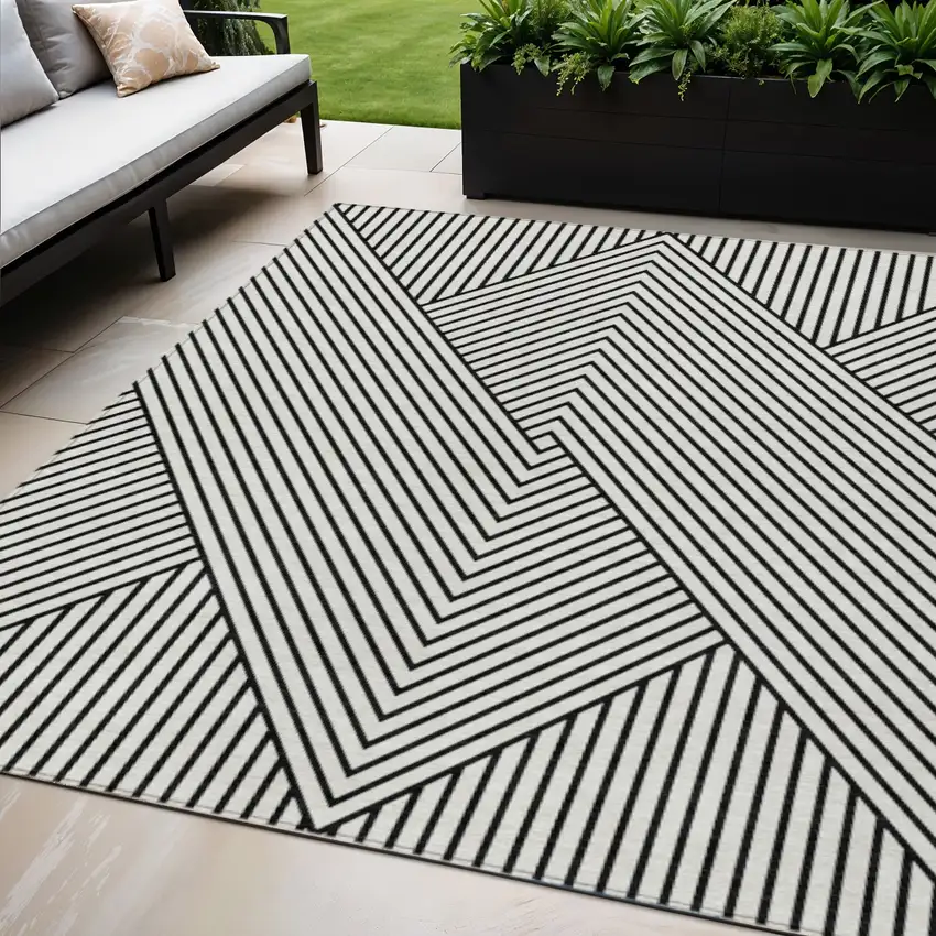 White And Black Geometric Washable Indoor Outdoor Area Rug Photo 1