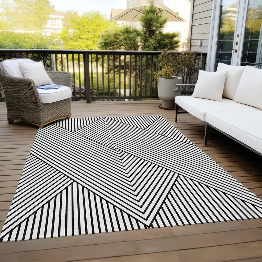 White And Black Geometric Washable Indoor Outdoor Area Rug Photo 9