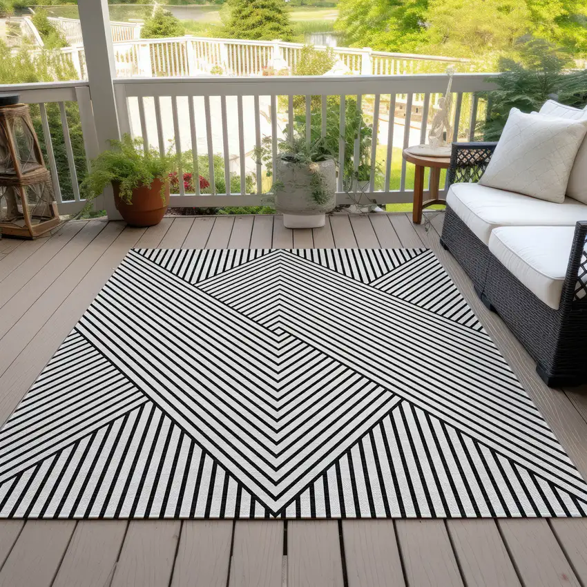 White And Black Geometric Washable Indoor Outdoor Area Rug Photo 8