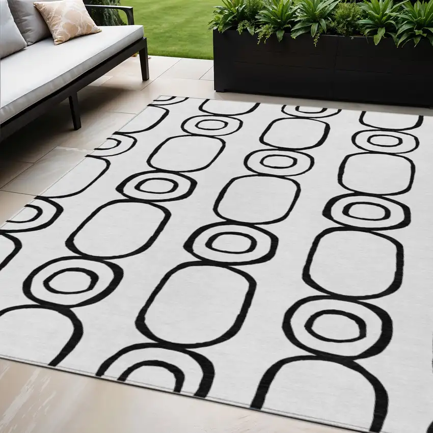 White And Black Geometric Washable Indoor Outdoor Area Rug Photo 1