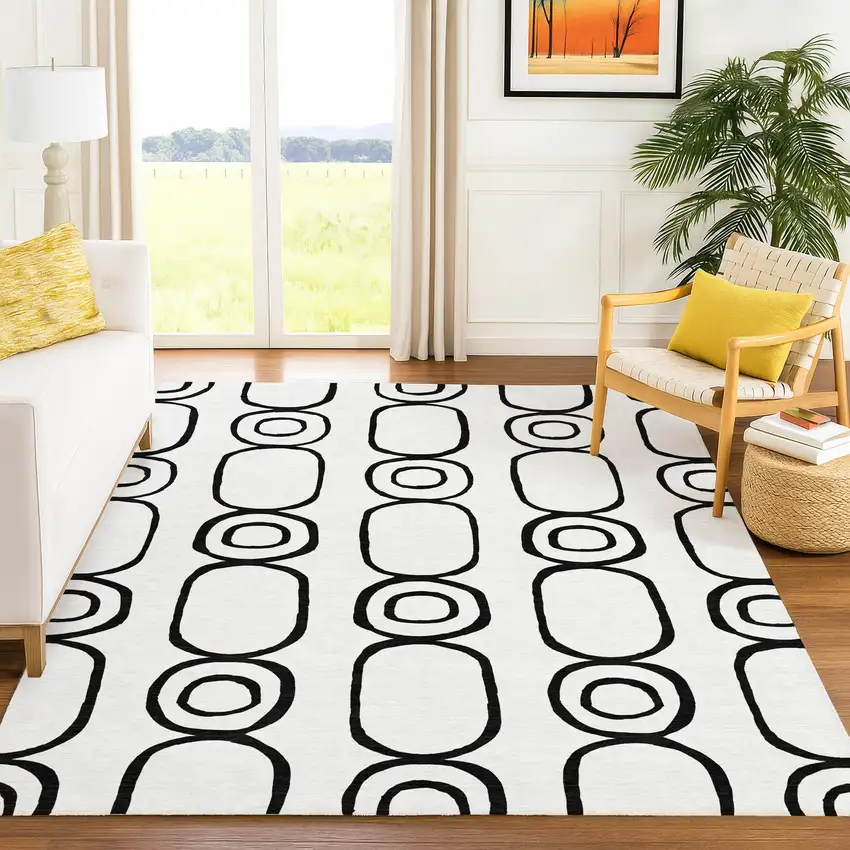 White And Black Geometric Washable Indoor Outdoor Area Rug Photo 9