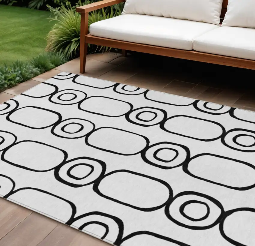 White And Black Geometric Washable Indoor Outdoor Area Rug Photo 1