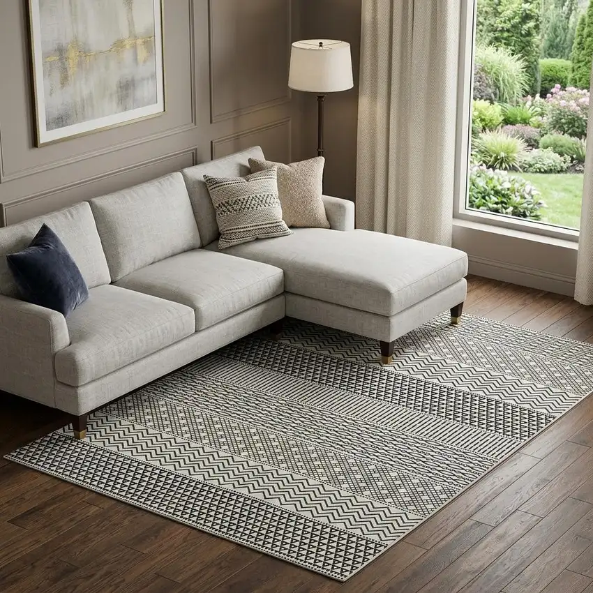 White And Black Striped Washable Area Rug With UV Protection Photo 1