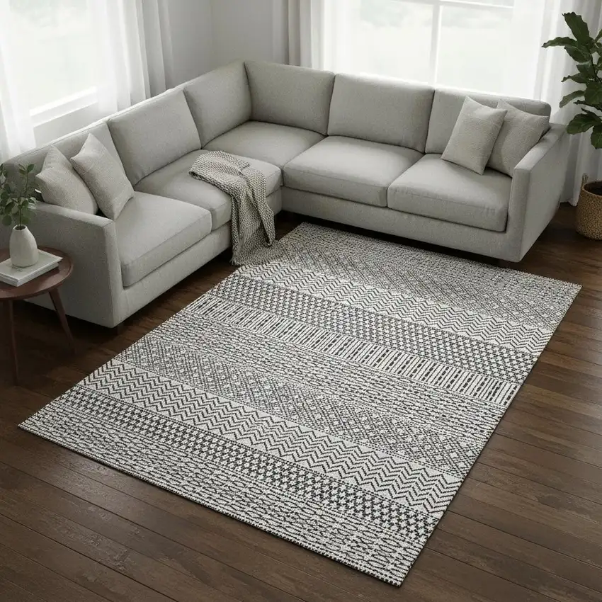 White And Black Striped Washable Area Rug With UV Protection Photo 2