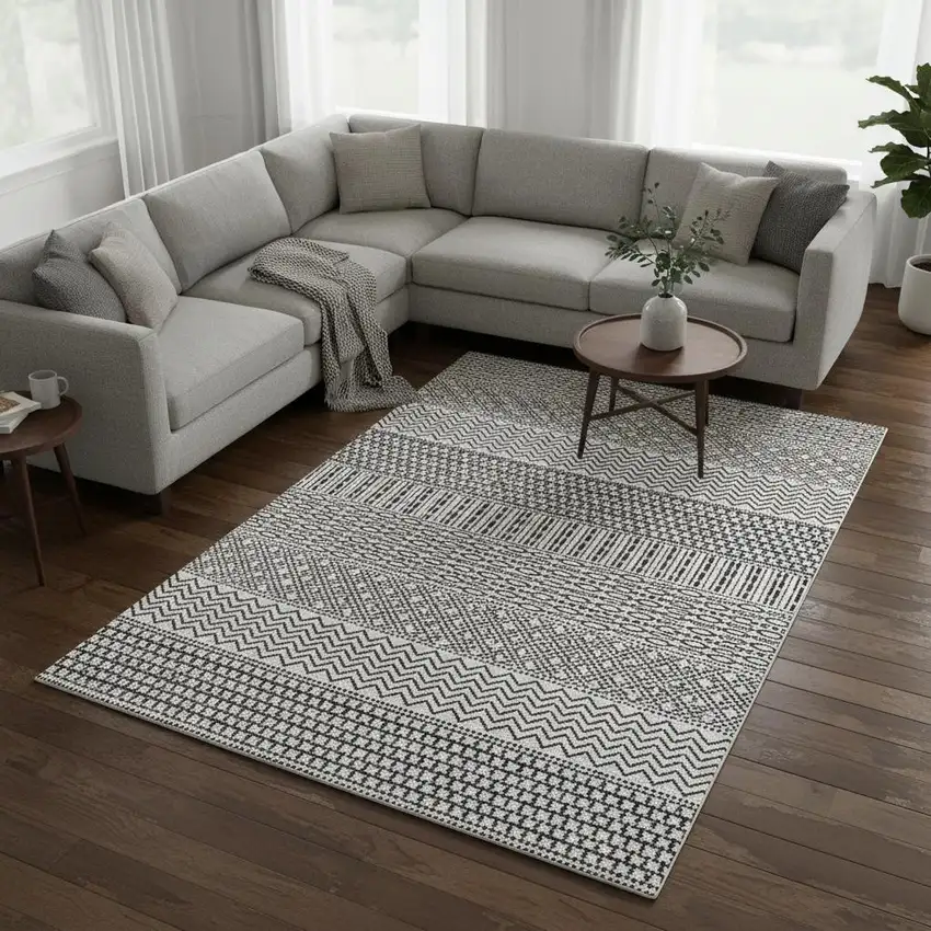 White And Black Striped Washable Area Rug With UV Protection Photo 2