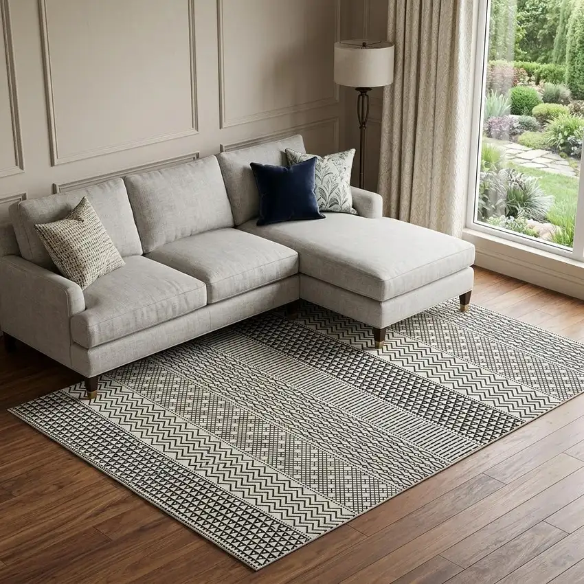White And Black Striped Washable Area Rug With UV Protection Photo 1