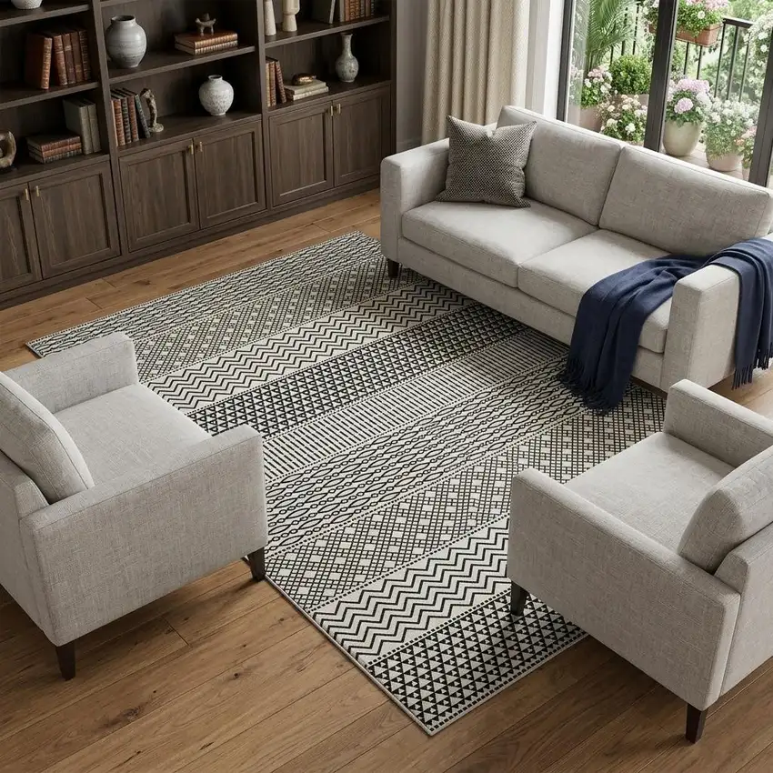 White And Black Striped Washable Area Rug With UV Protection Photo 1