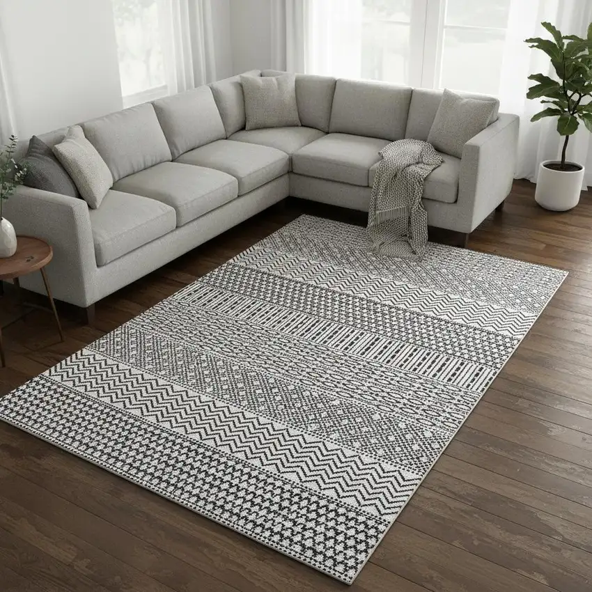 White And Black Striped Washable Area Rug With UV Protection Photo 2