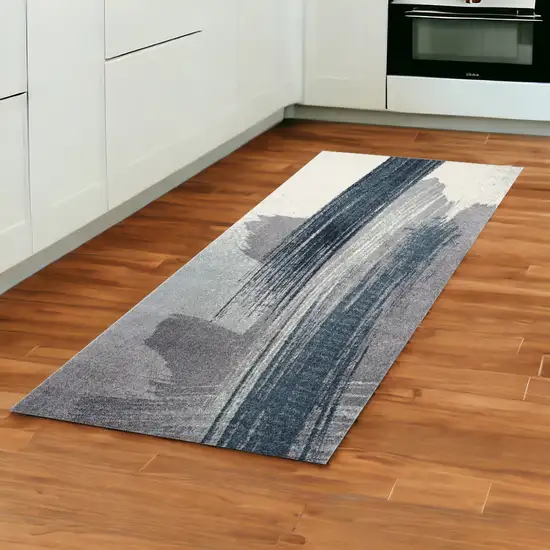 8' Blue and White Abstract Power Loom Runner Rug Photo 2