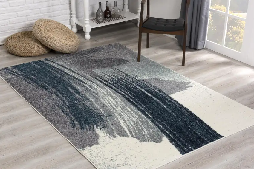 White And Blue Abstract Power Loom Stain Resistant Area Rug Photo 9