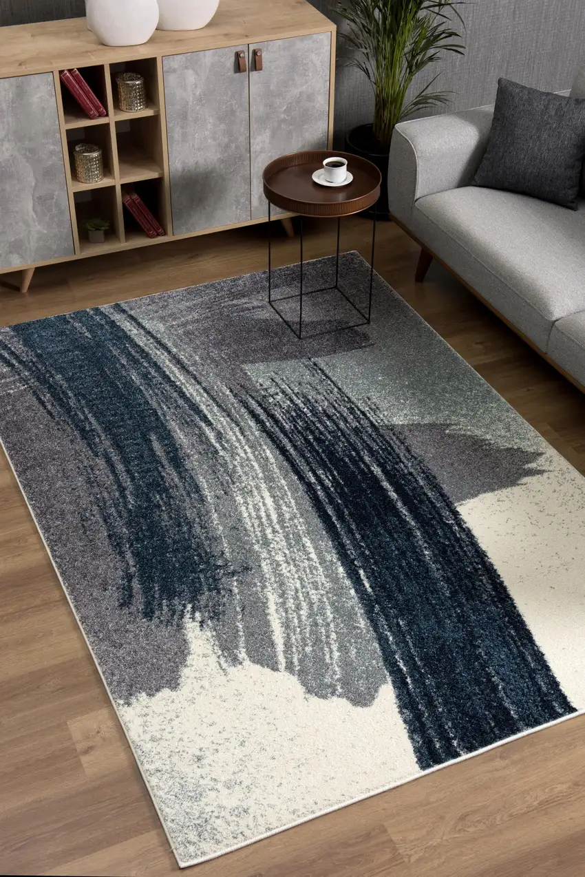 White And Blue Abstract Power Loom Stain Resistant Area Rug Photo 8