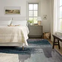 Photo of White And Blue Abstract Power Loom Stain Resistant Area Rug