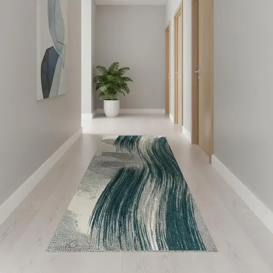 10' Blue And White Abstract Shag Runner Rug Photo 1