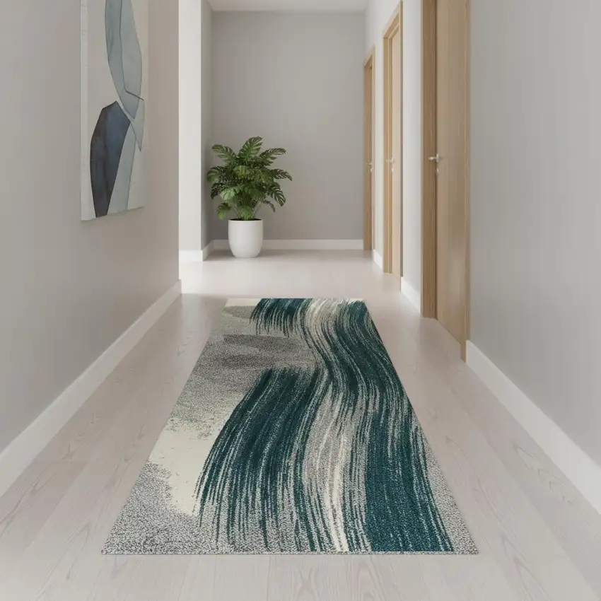 10' Blue And White Abstract Shag Runner Rug Photo 1