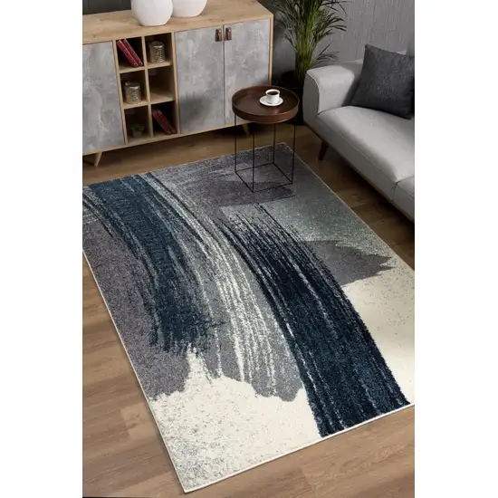 15' Blue And White Abstract Shag Runner Rug Photo 8