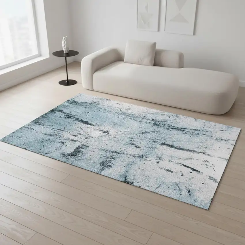 White And Blue Abstract Washable Area Rug With UV Protection Photo 1