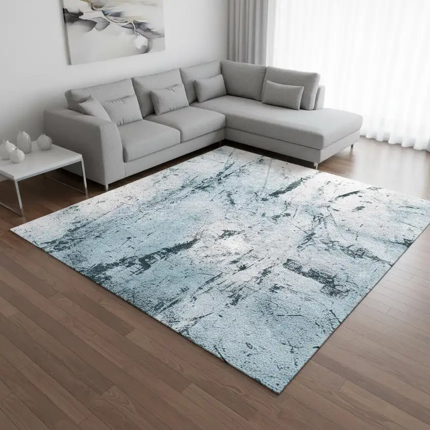 White And Blue Abstract Washable Area Rug With UV Protection Photo 1