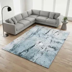 Photo of White And Blue Abstract Washable Area Rug With UV Protection