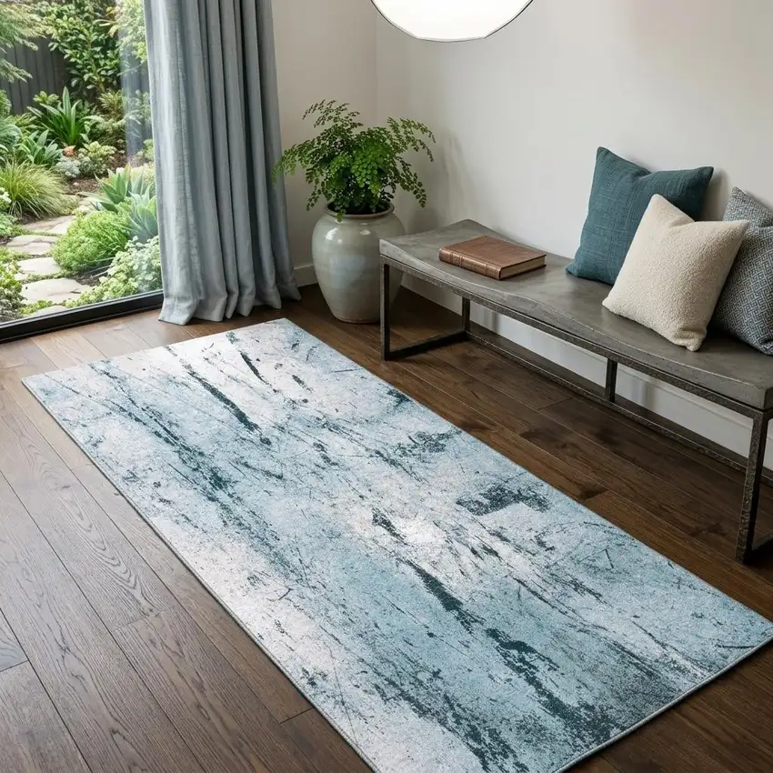 White And Blue Abstract Washable Area Rug With UV Protection Photo 1