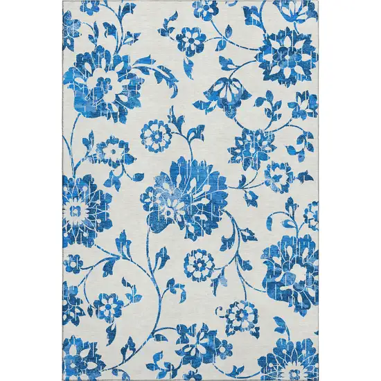 White And Blue Floral Washable Area Rug With UV Protection Photo 7