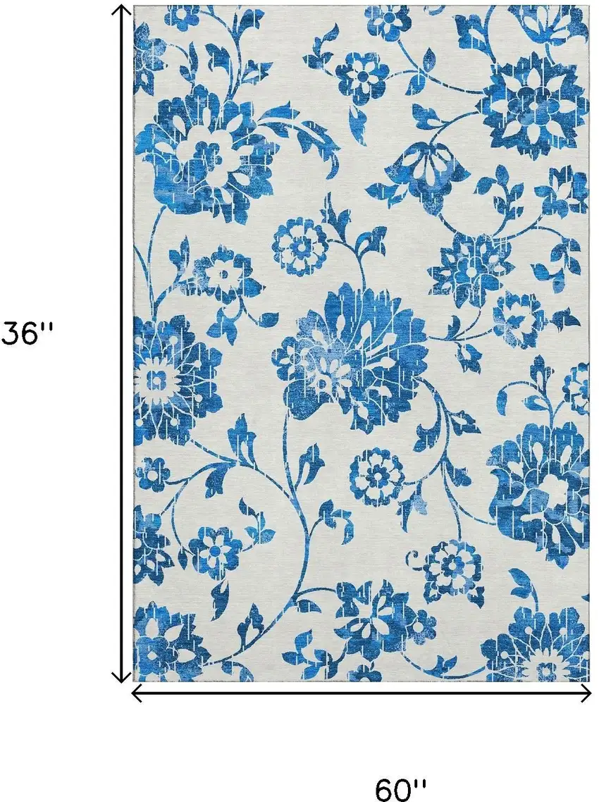 White And Blue Floral Washable Area Rug With UV Protection Photo 3