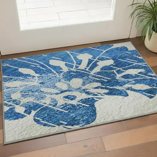 White And Blue Floral Washable Area Rug With UV Protection Photo 2