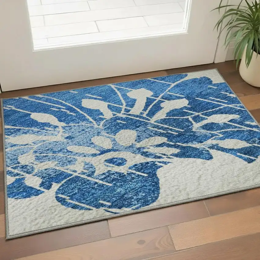 White And Blue Floral Washable Area Rug With UV Protection Photo 2