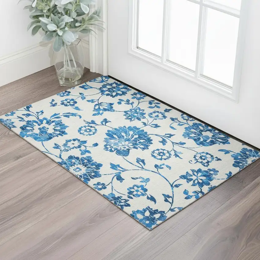 White And Blue Floral Washable Area Rug With UV Protection Photo 1