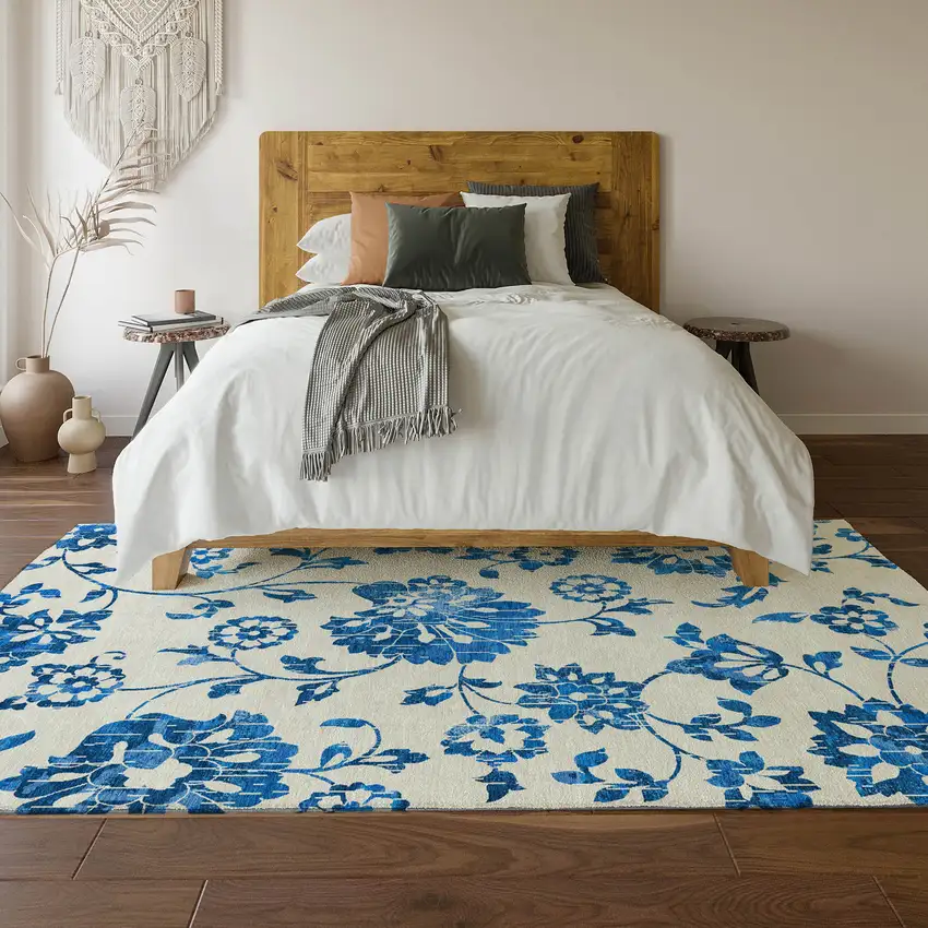 White And Blue Floral Washable Area Rug With UV Protection Photo 6