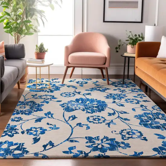 White And Blue Floral Washable Area Rug With UV Protection Photo 5