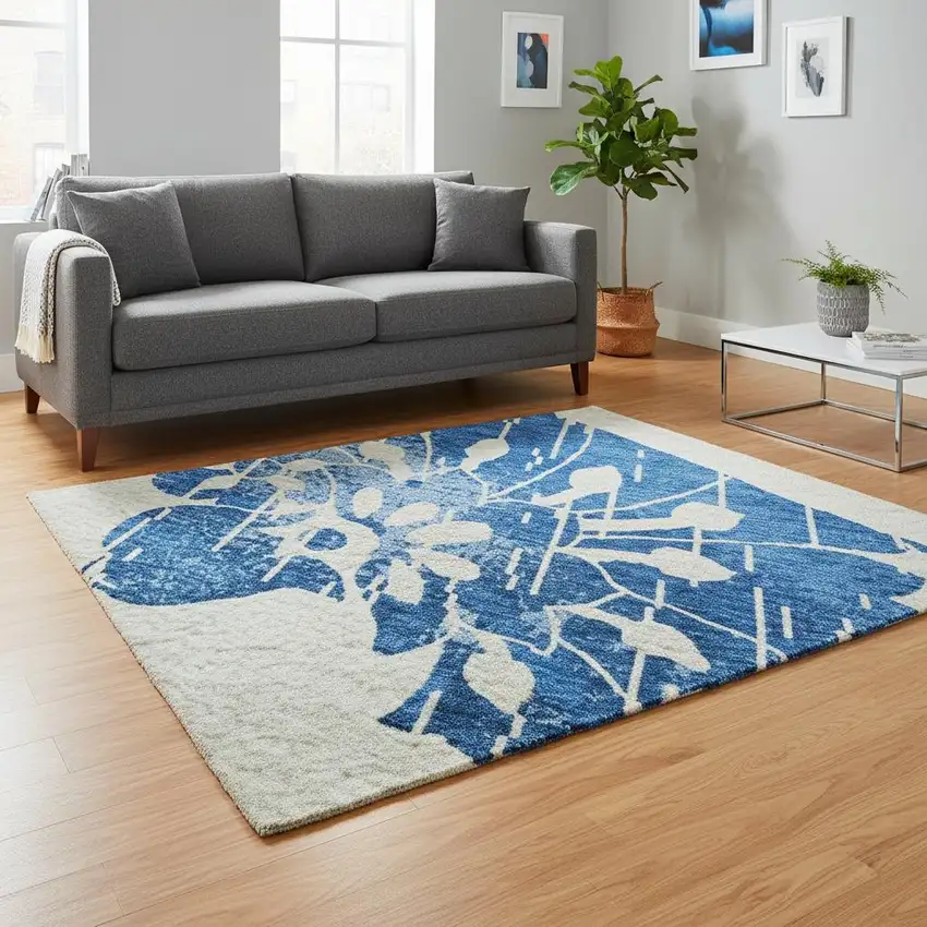 White And Blue Floral Washable Area Rug With UV Protection Photo 2